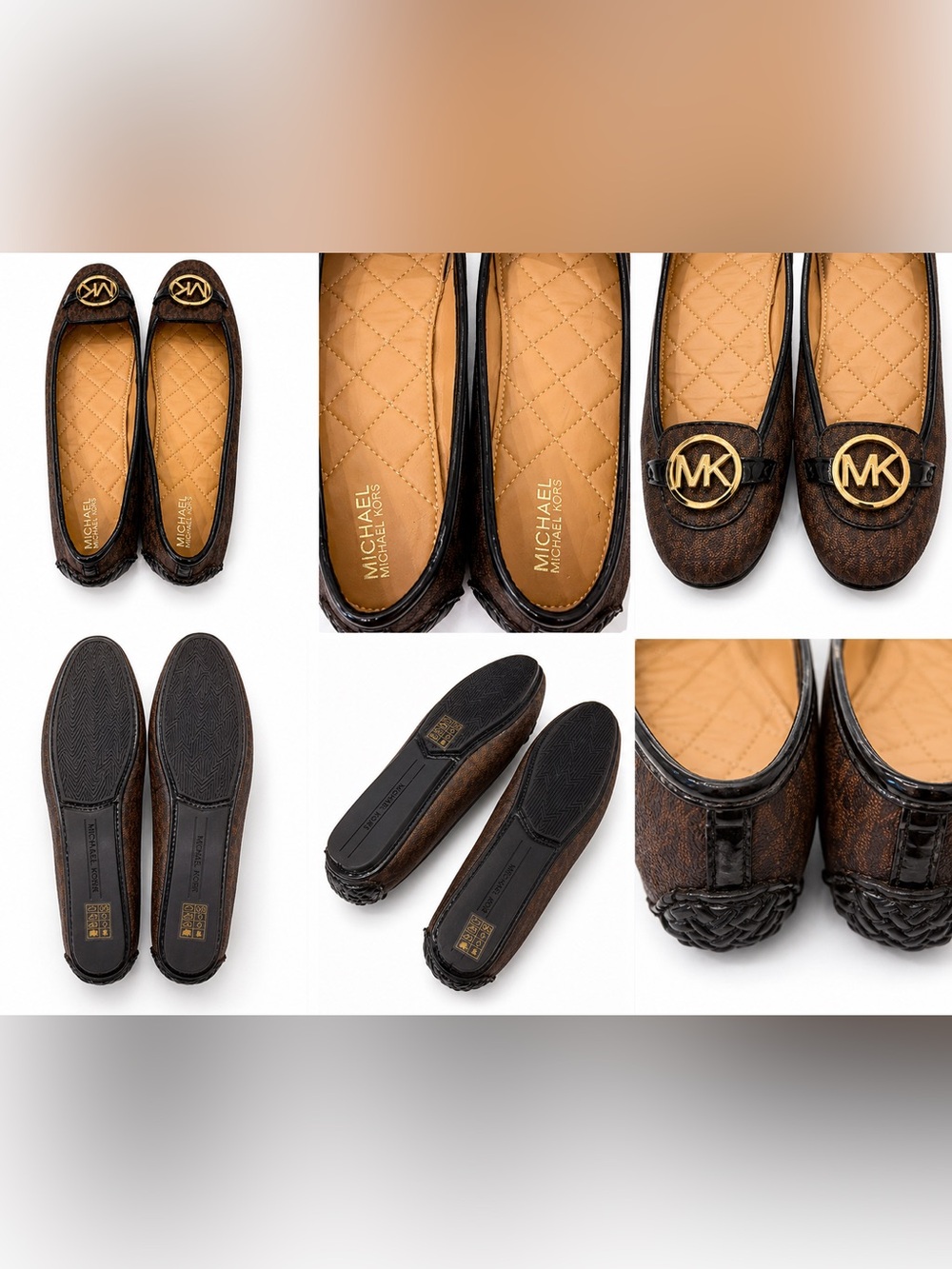 Michael Kors Brown Quilted Logo Ballet Flats with Gold MK Emblem - Picture 3 of 6